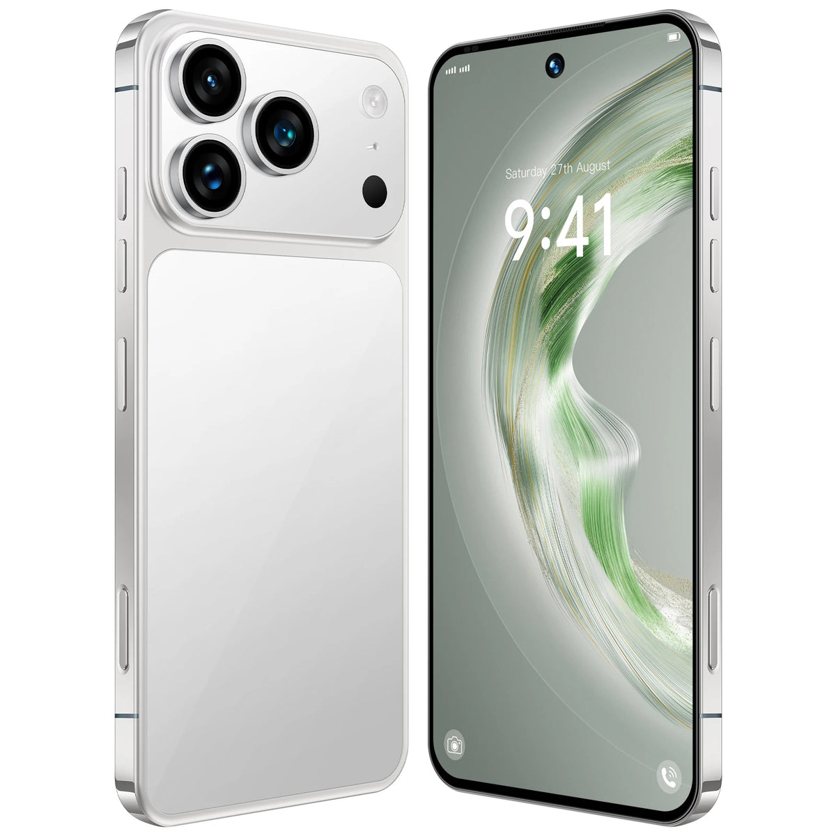 Silver S25 Ultra 5G smartphone showing rear and front with green display