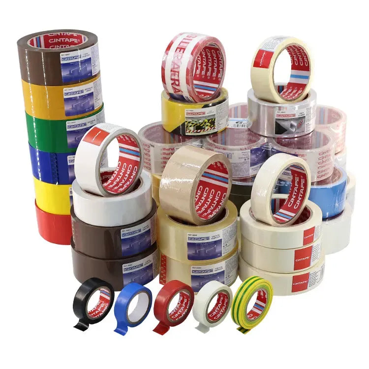 Mixed-color packing tape rolls assortment: white, blue, red, brown, green