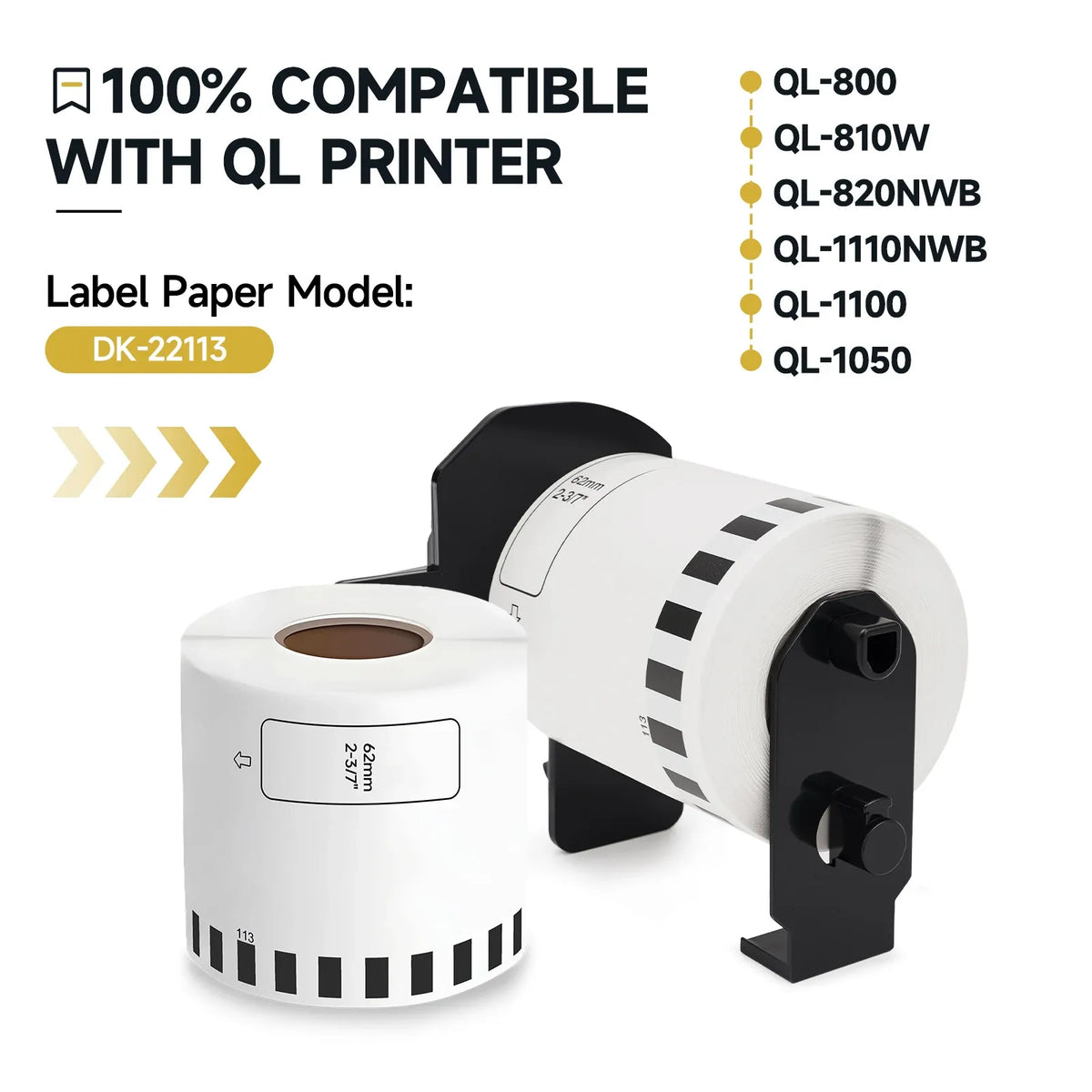 White paper label tape roll with label printer cartridge, 62mm width