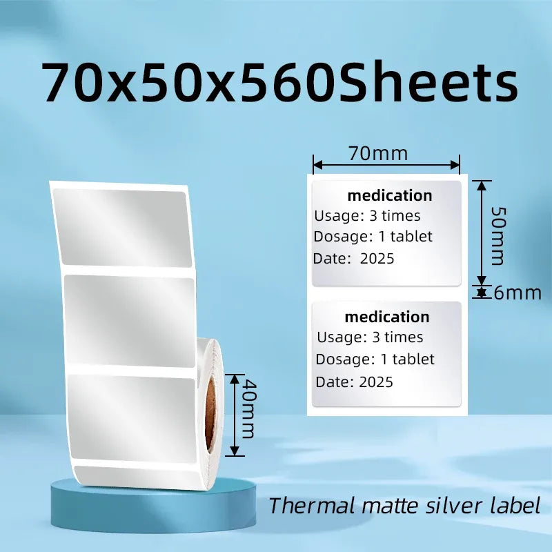 Matte silver thermal label sheets on stand with medication label layout