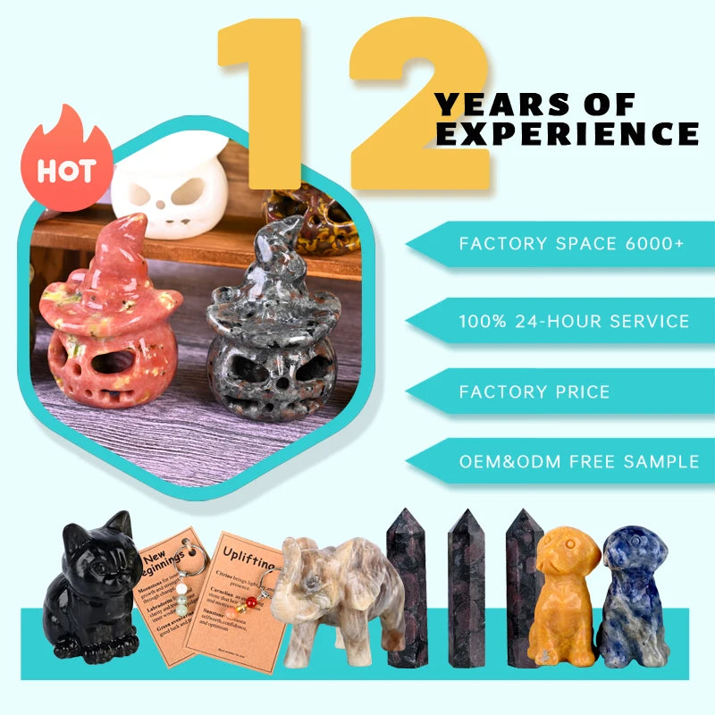 Promotional collage featuring multiple amethyst crystal eggs and other stone figurines