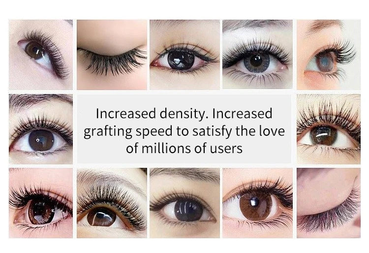 Collage of eyes featuring soft, black 5D W-style volume eyelash extensions for a natural, dense, and fluttery look.