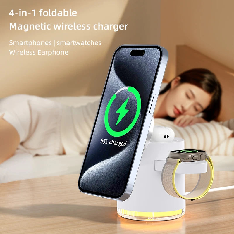 Customizable Portable 4-in-1 Foldable Wireless Charger Mobile Phone Desktop Multifunction with Integrated LED Lamp Tidesmit