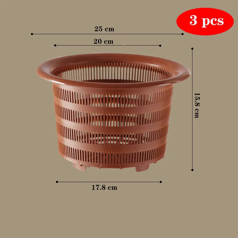 Brown plastic hydroponics mesh basket pot, 15.8 cm size, 3 pcs set