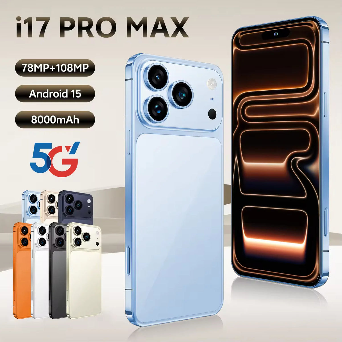 Light blue smartphone shown front and back with triple rear cameras and dark display.