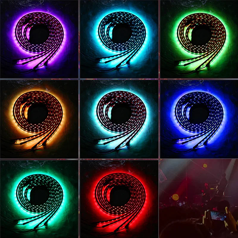 Coiled LED strip lights in various colors for decorative ambient room or stage lighting.