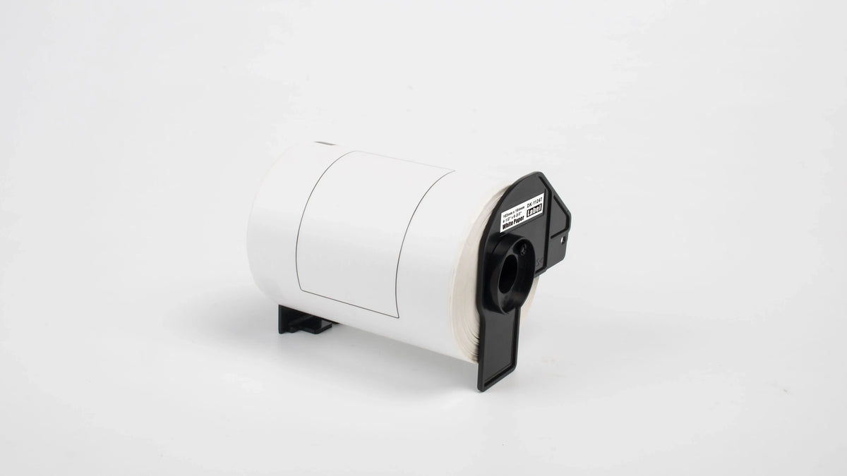 Thermal label roll tape cartridge, white roll with black label-feed opening on end