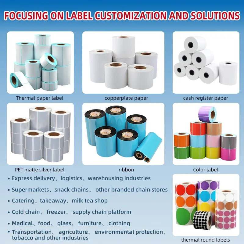 Assorted label sticker rolls in white, black, and colored varieties on cores