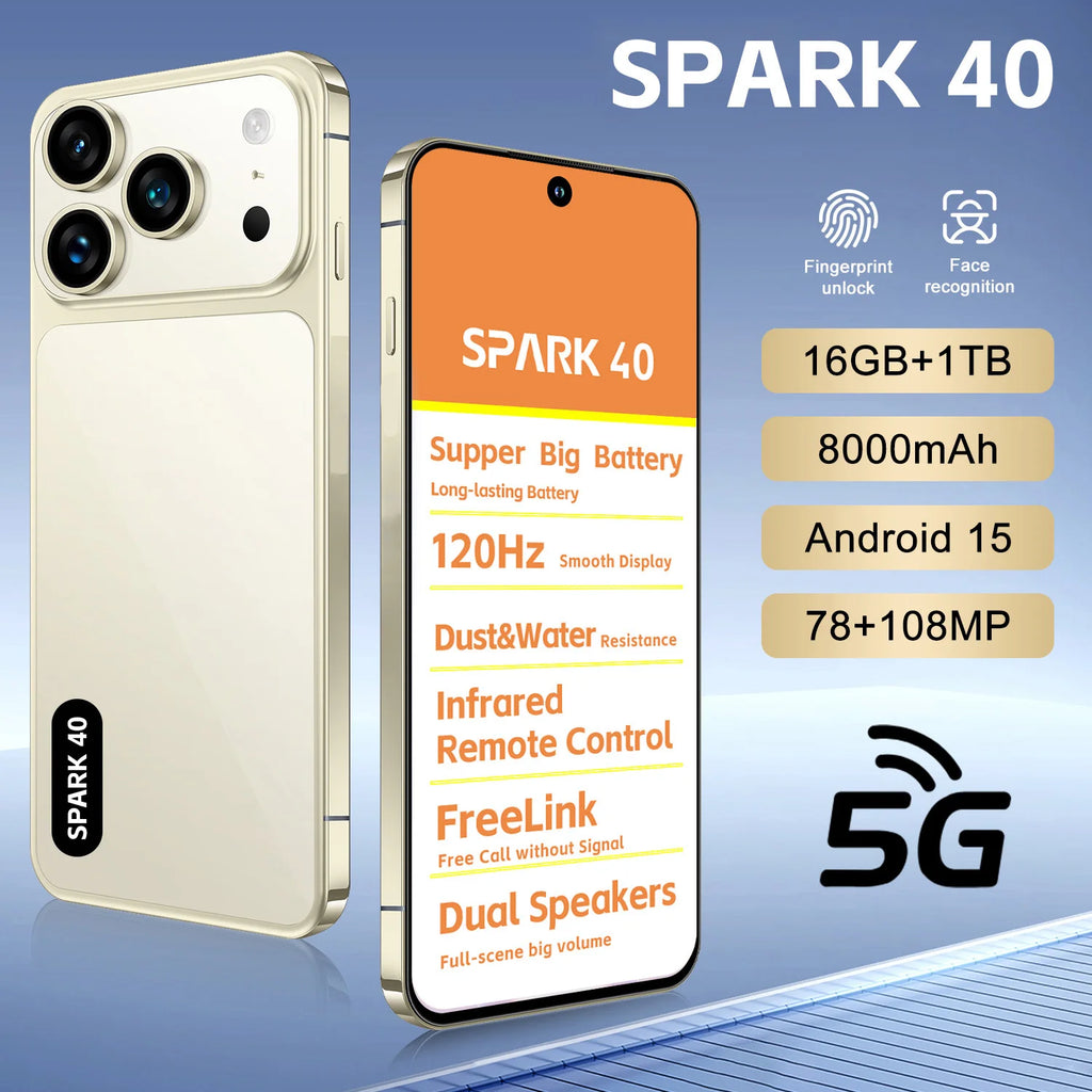 SPARK 40 5G smartphone showing rear 78MP and 108MP dual camera system and long-lasting 8000mAh battery capacity