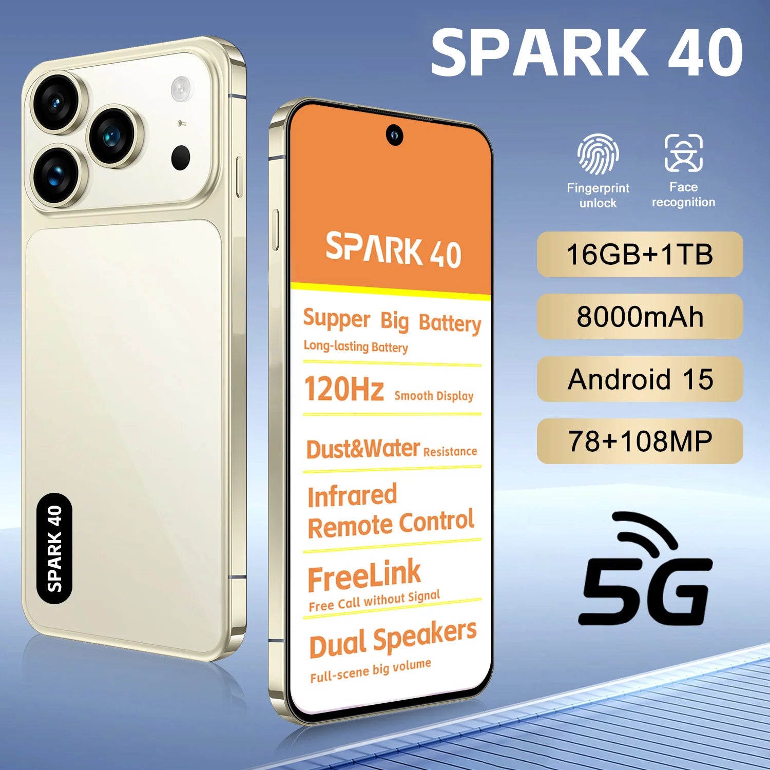 SPARK 40 5G smartphone showing rear 78MP and 108MP dual camera system and long-lasting 8000mAh battery capacity