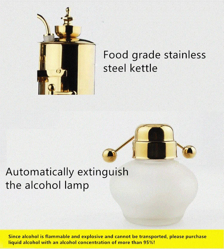 Gold stainless steel coffee siphon kettle and self-extinguishing alcohol lamp burner for tea brewing equipment.