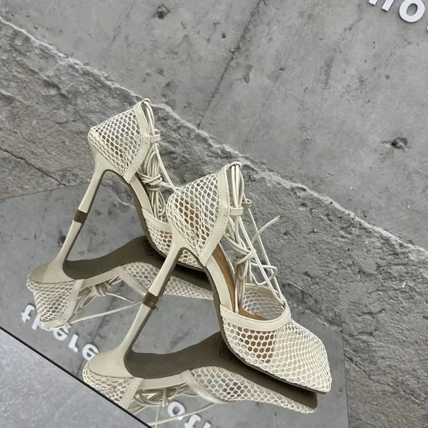 Ankle Strap Talon Haut 2022 Luxury Sexy Lace up Summer Mesh Sandals Square Toe Designer Shoes Women Heels