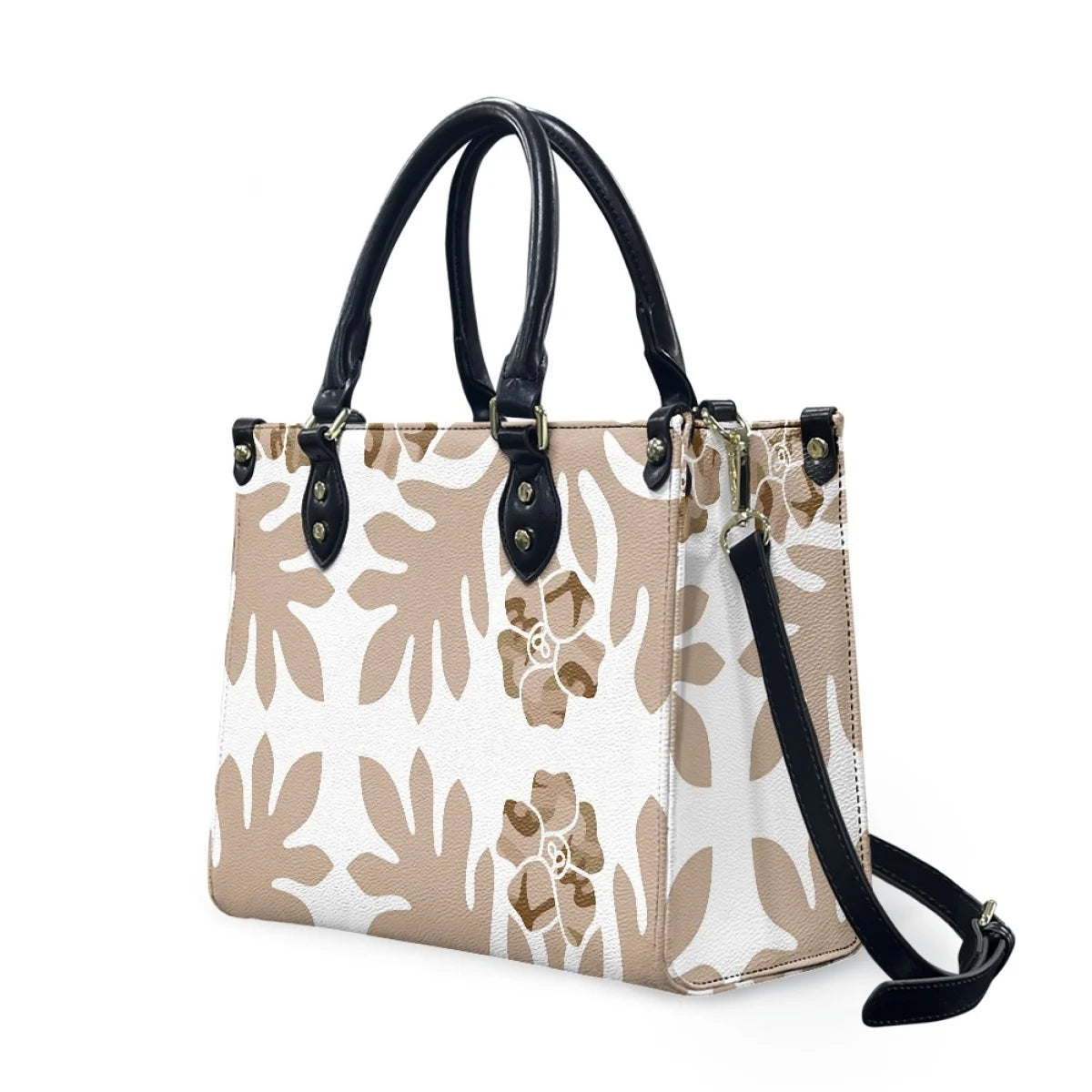 Beige and white Polynesian tribal floral leather handbag with black handles and adjustable shoulder strap.