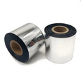 Wax/resin barcode ribbon spools, silver roll with black edges and brown core