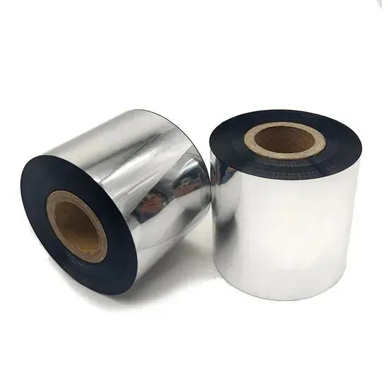 Wax/resin barcode ribbon rolls with shiny silver film and black outer edges