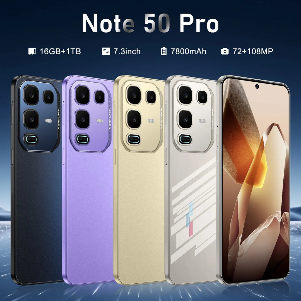 Tidesmit Note 50 Pro 5G secondary angle showing sleek design, vibrant LED display, and high-res 50MP AI camera lens.