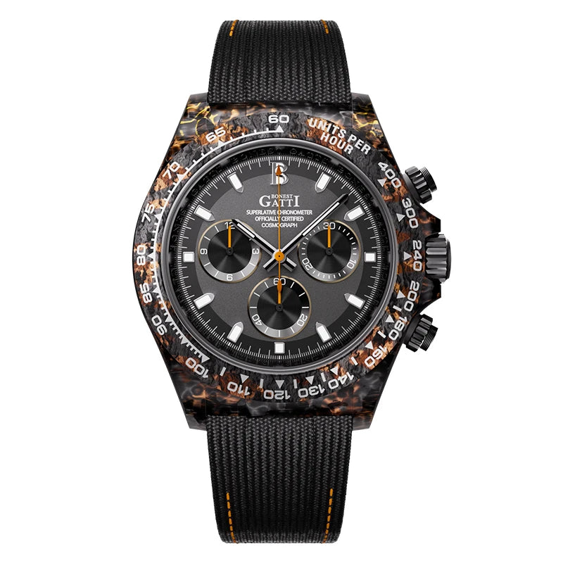 Automatic Mechanical Chronograph Watch Carbon Fiber Speedometer Ring 1600 Degree Sintered High Hardness Luminous