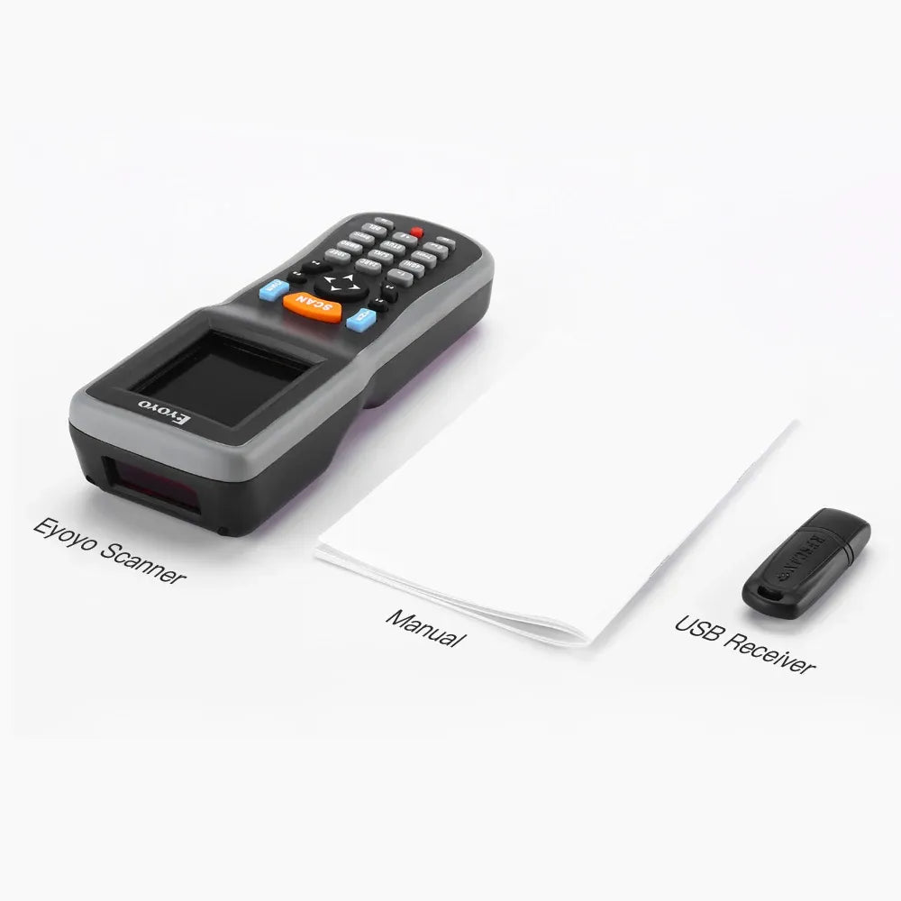 Handheld barcode scanner with USB receiver and manual booklet for wireless use