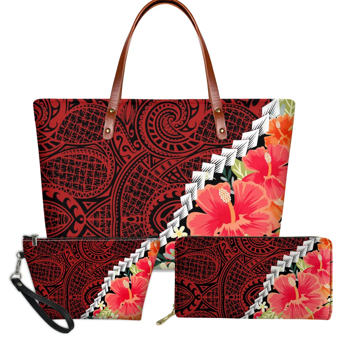3-piece red and black Polynesian tribal handbag set featuring hibiscus floral prints and brown leather handles.