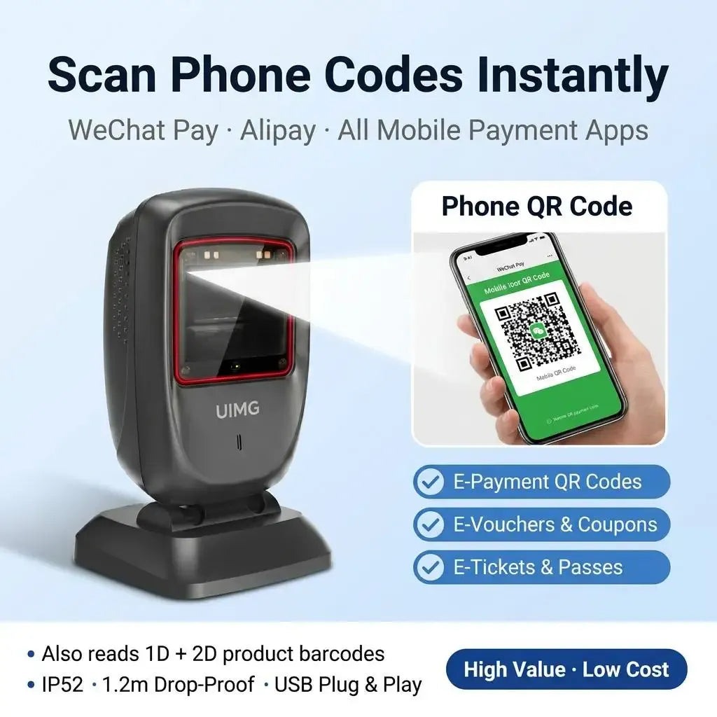 Black 2D QR code scanner on stand with phone QR code prompt and e-payment icons