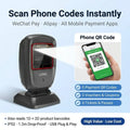 Black 2D QR code scanner on stand with phone QR code prompt and e-payment icons