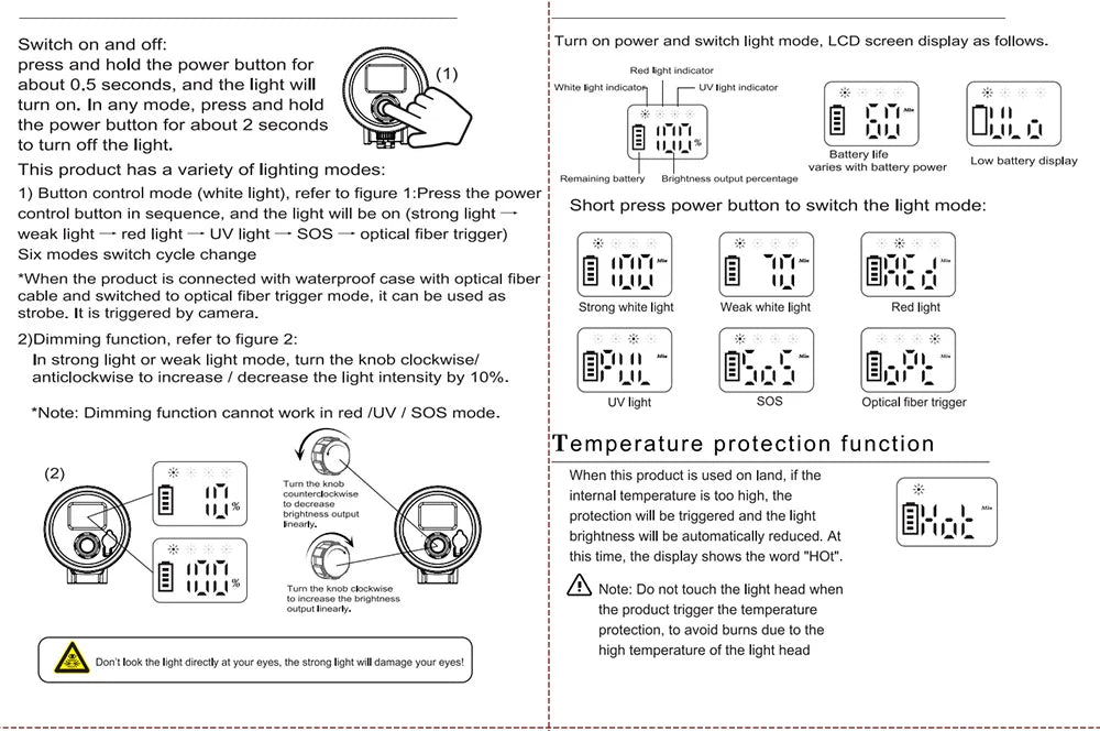 Underwater dive light manual showing button controls, dimming knob, LCD screen settings, and temperature warnings.