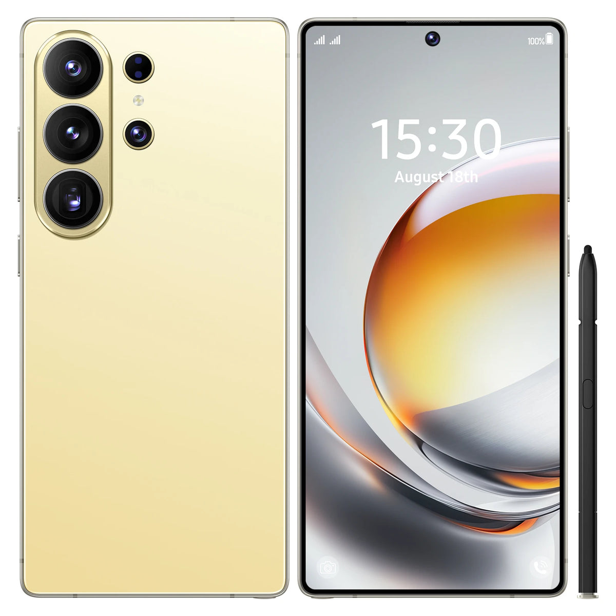 Light gold S26 Ultra 5G smartphone front and back with triple rear cameras and stylus