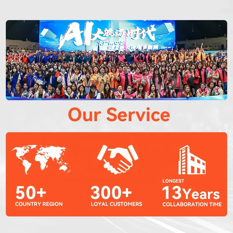 Team service poster graphic with people group and orange service icons.