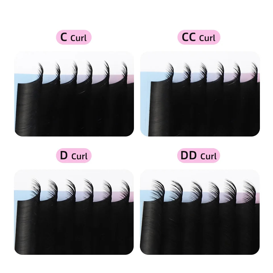 Four comparison charts of black Russian volume eyelash extension fans showing C, CC, D, and DD curl types.