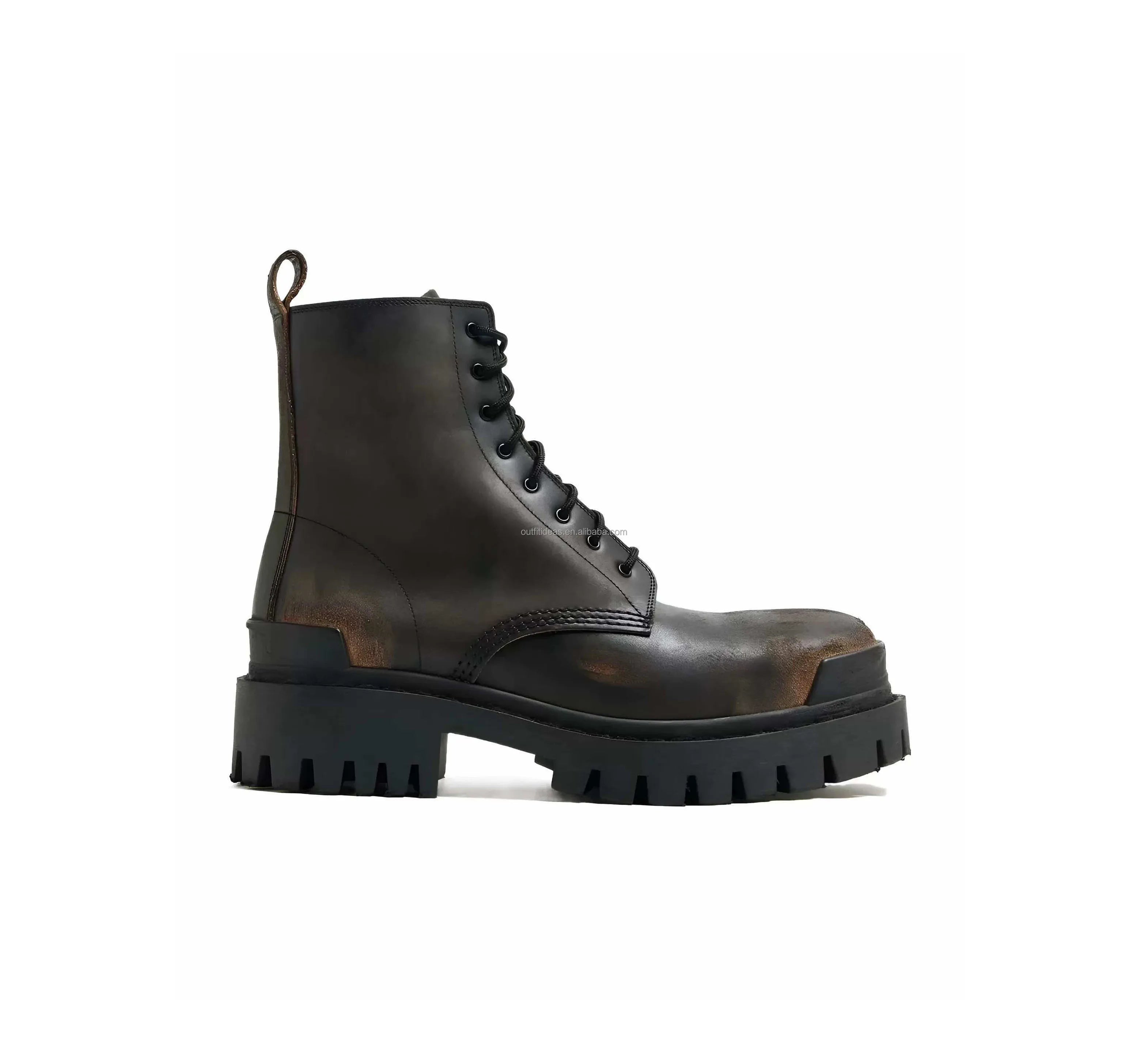 Worn-Out Brown Black Vintage Heavily Distressed Boots Round Toe Leather Men Dress Shoes Super Distressed Lace-up Men Strike Boot