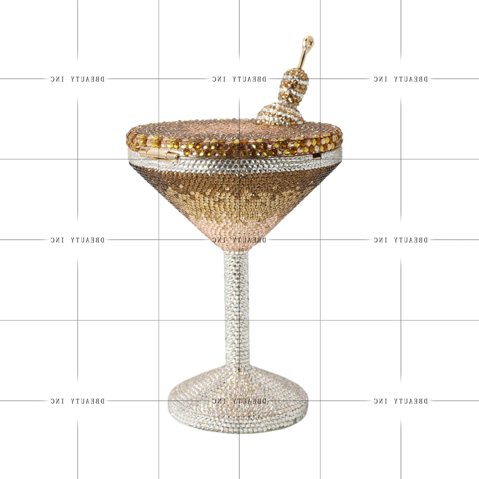 Gold rhinestone crystal martini glass evening clutch bag, designer handbag for formal parties and weddings.