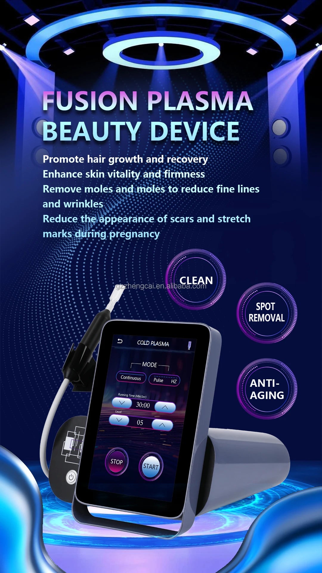 Cold plasma beauty device with digital touchscreen, pen applicator, for skin repair, acne, and anti-aging treatments.