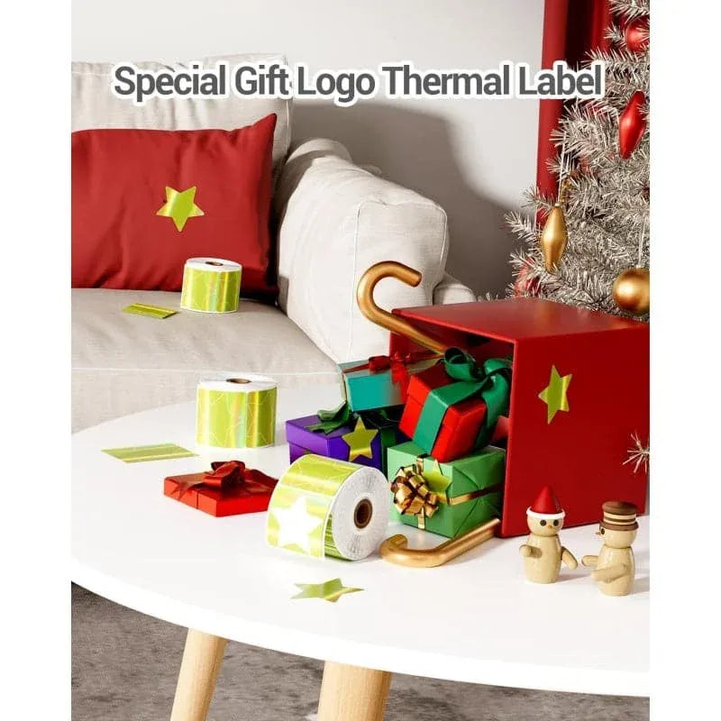 Golden star logo thermal label stickers with green-gold reflective roll and loose pieces