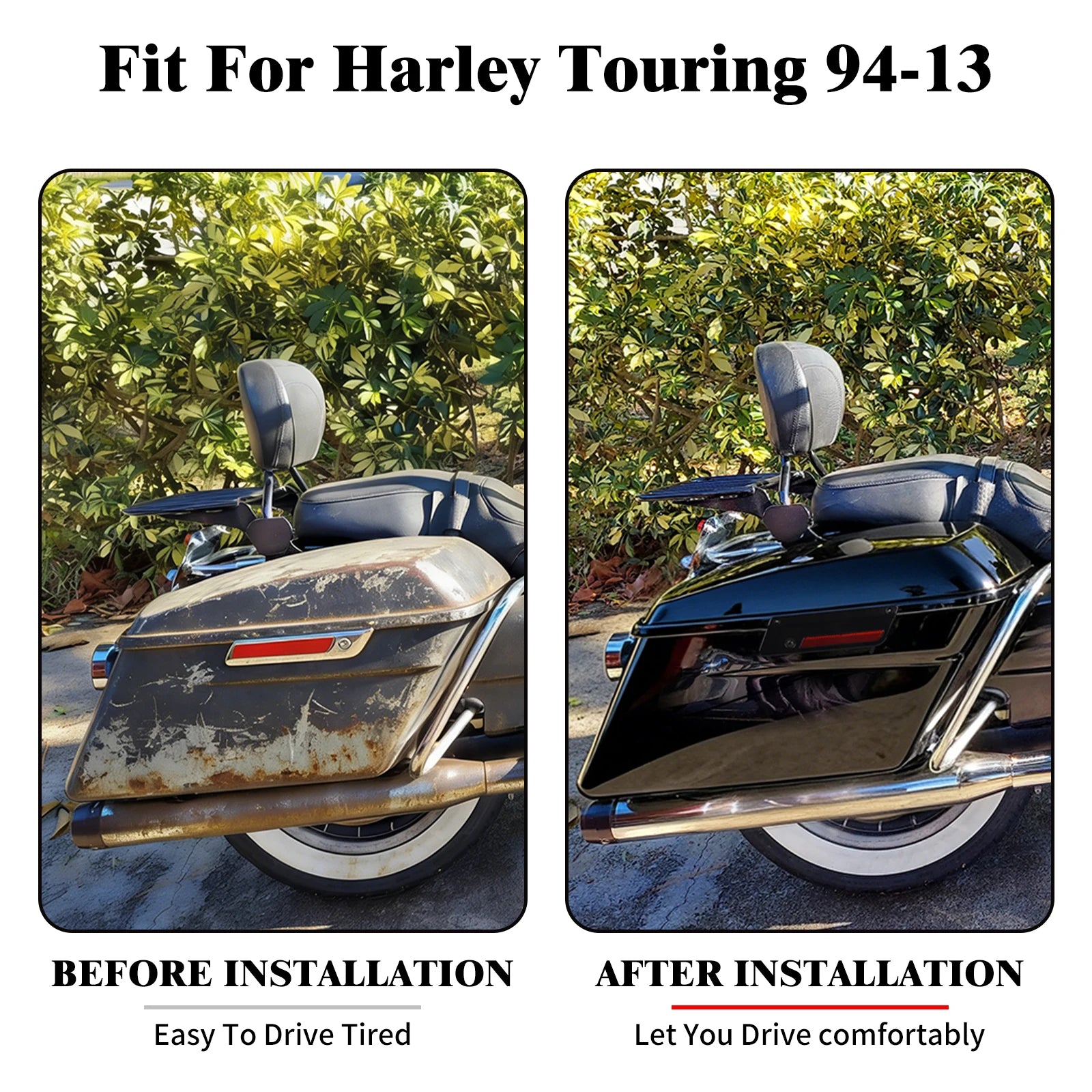 Black hard saddlebag trunks for Harley Touring 94-13 with chrome latches, shown before and after installation.