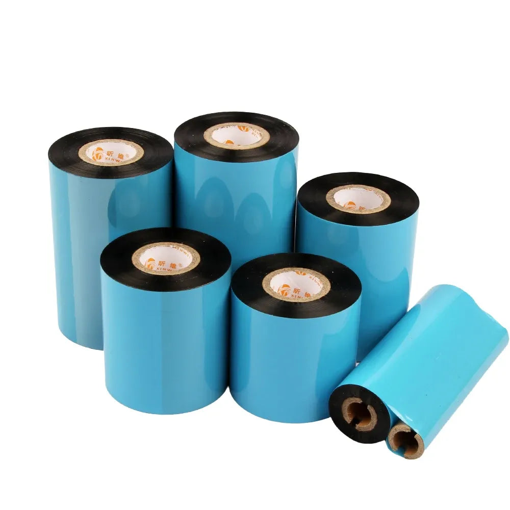 Blue wax thermal transfer ribbon rolls with black cores, multi-pack view