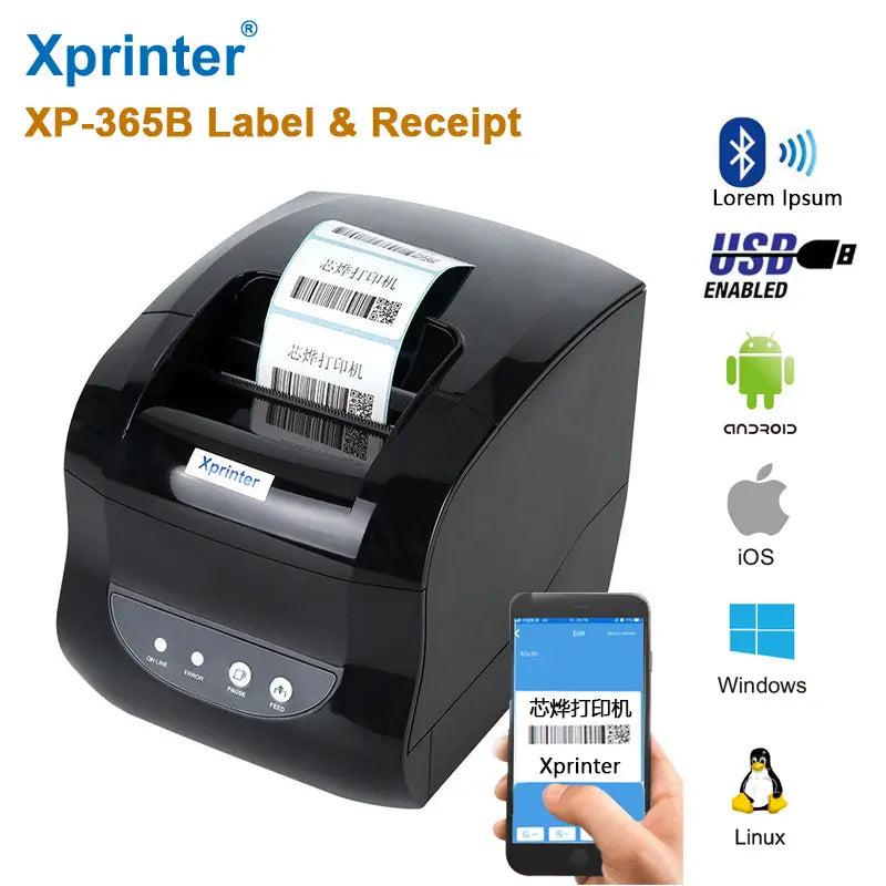 Black Xprinter XP-365B label and receipt printer with label roll and indicator LEDs