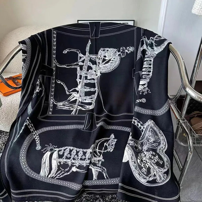Luxurious 140*140cm Square Equestrian Digital Printed Cashmere Silk Scarf Fashion Gift for Elegant Individuals MOQ 1PC