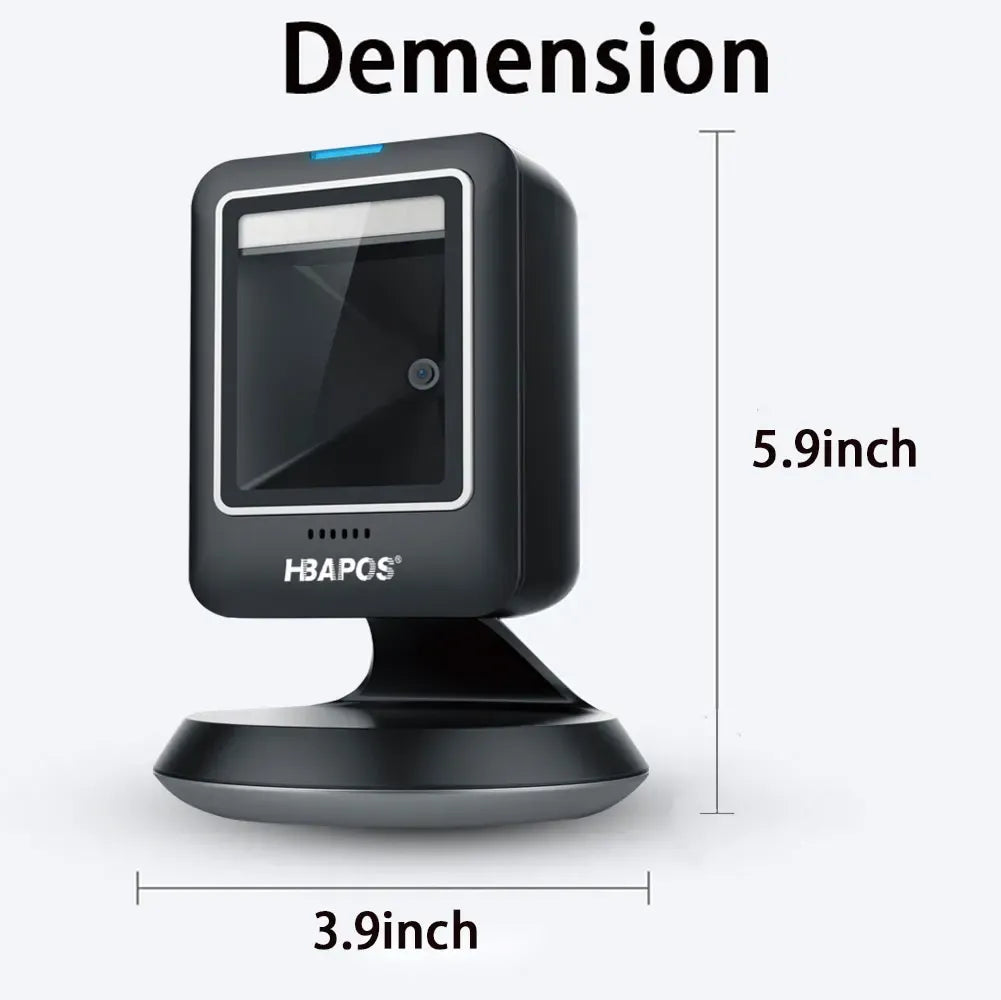 Black desktop barcode scanner on stand, with size diagram showing 5.9 inch height