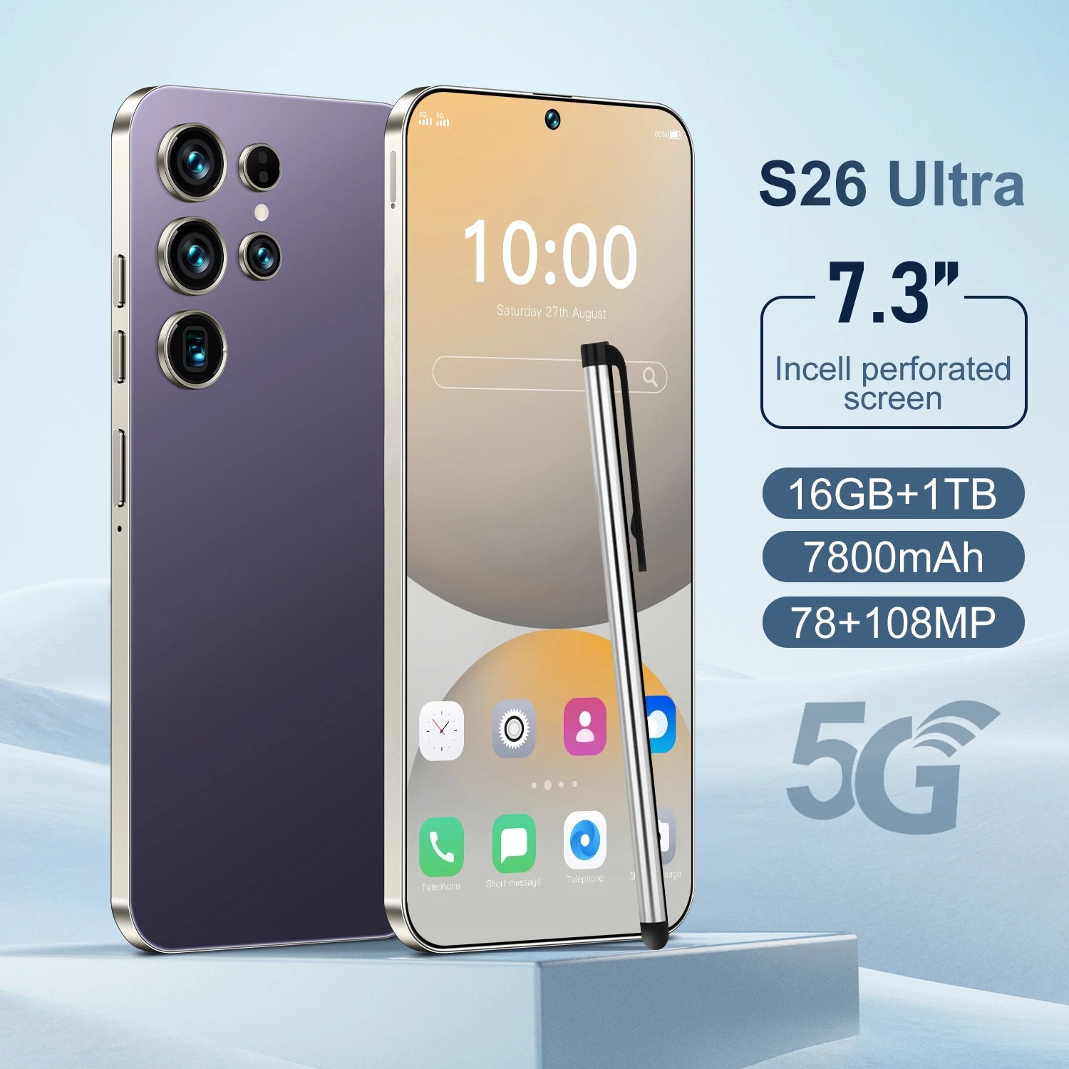 5G Smartphone 16GB RAM 1TB Storage - 7.3-inch HD Display Unlocked Purple 16g 1TB Tidesmit