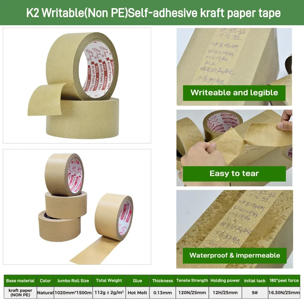 Writable natural self-adhesive kraft paper tape rolls with writing-ready surface