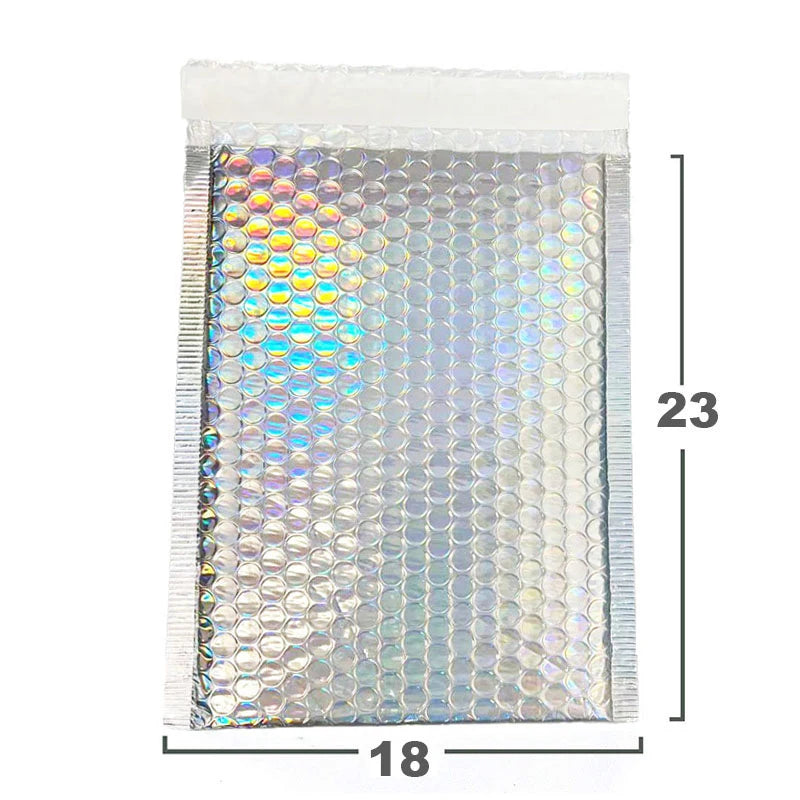 Holographic padded bubble mailer with self-sealing top and bubble texture