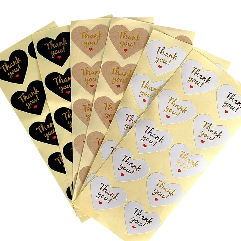 Thank you heart adhesive seal stickers, assorted black and kraft yellow sheets