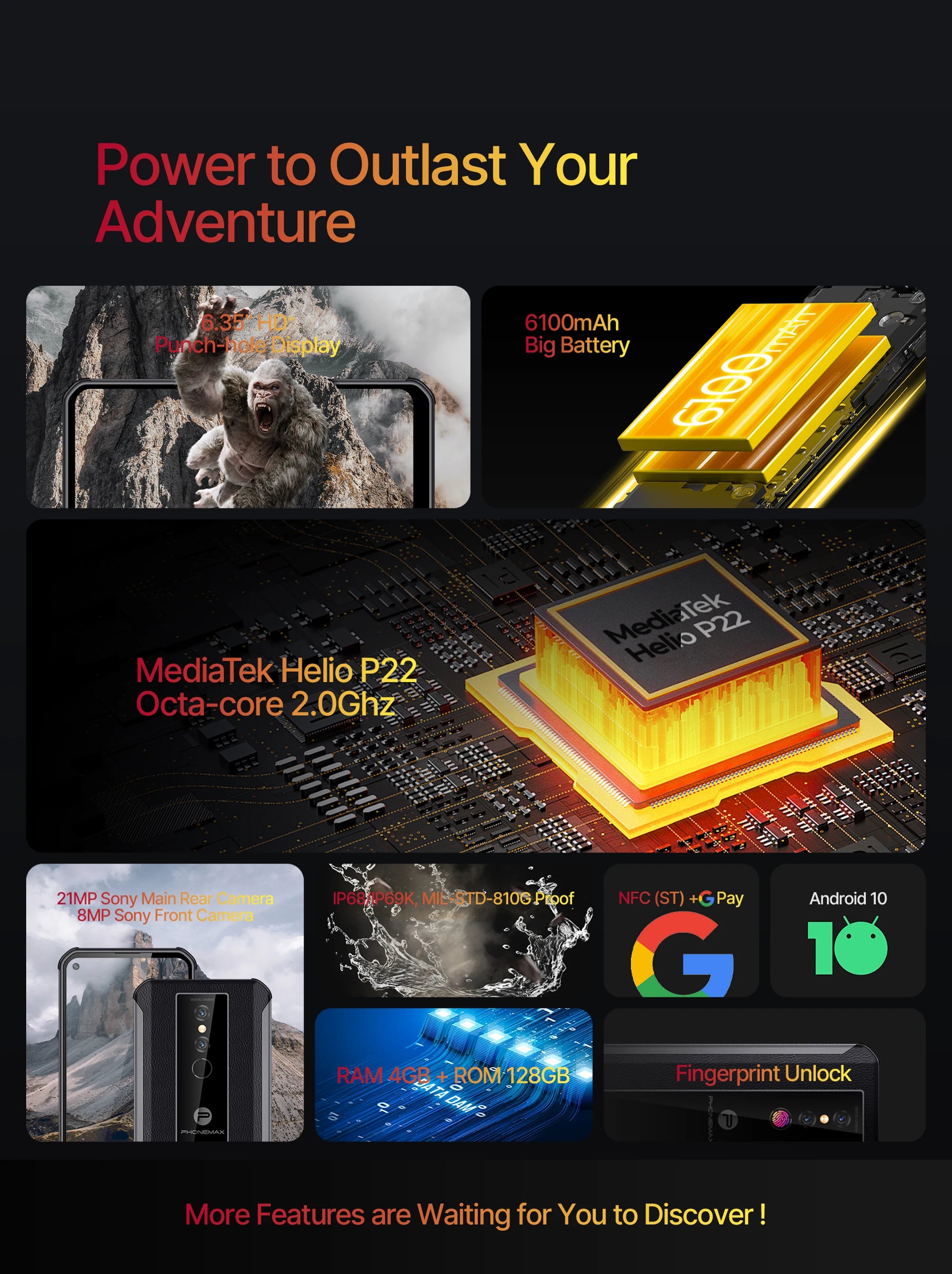 Tidesmit Rugged Android Smartphone IP68 Waterproof 128GB Grey Tidesmit