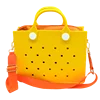 Yellow waterproof EVA tote handbag with charm holes, orange shoulder strap, and DIY clog charm style for women.