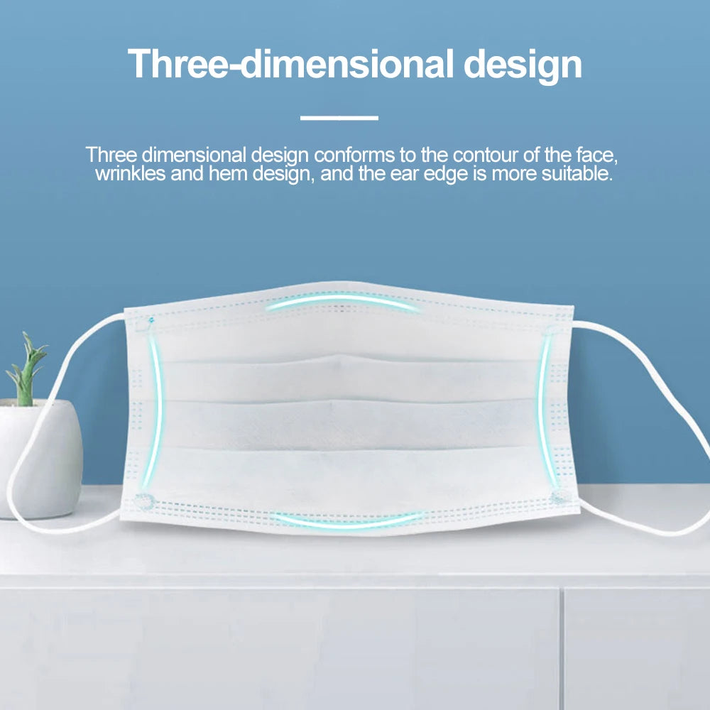 White 3-layer disposable face mask with elastic ear loops, non-woven meltblown texture, and contoured pleated design.