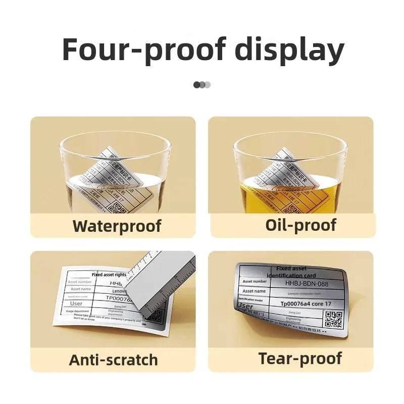 Durable matte silver thermal labels infographic: waterproof, oil-proof, anti-scratch