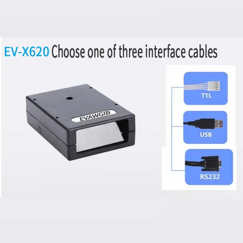 1D fixed barcode scanner with TTL USB RS232 interface cable options shown