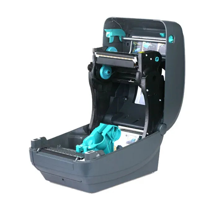 Thermal label printer with open cover, showing blue ribbon holder and print module