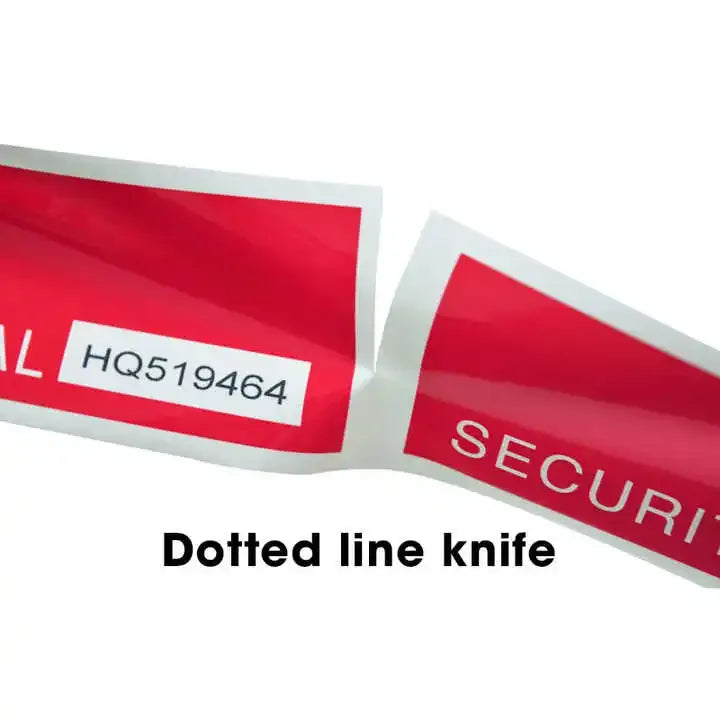 Red tamper-evident tape strip with white dotted break line, security seal text