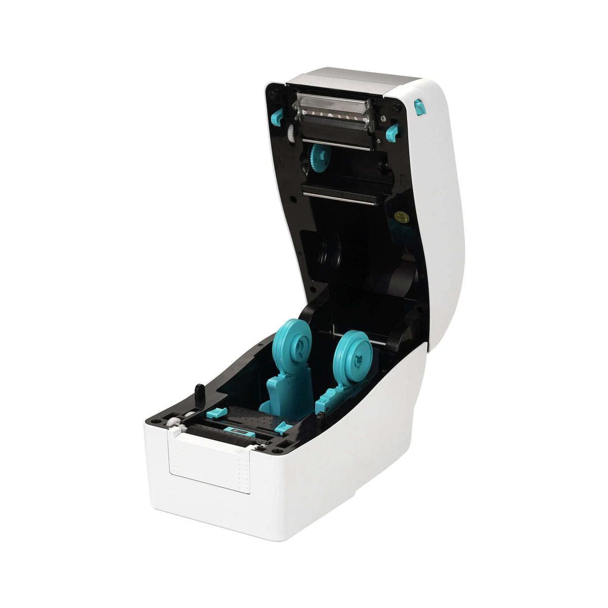 White label printer with open top showing cartridge and print mechanism